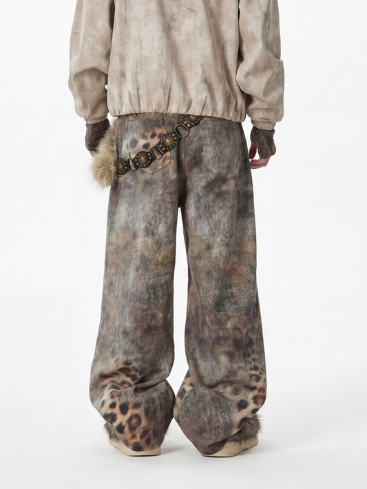 BeltSkip – Unisex 3D-gedruckte Distressed-Hose im Leopard-Design mit geschwungenem Beinverlauf