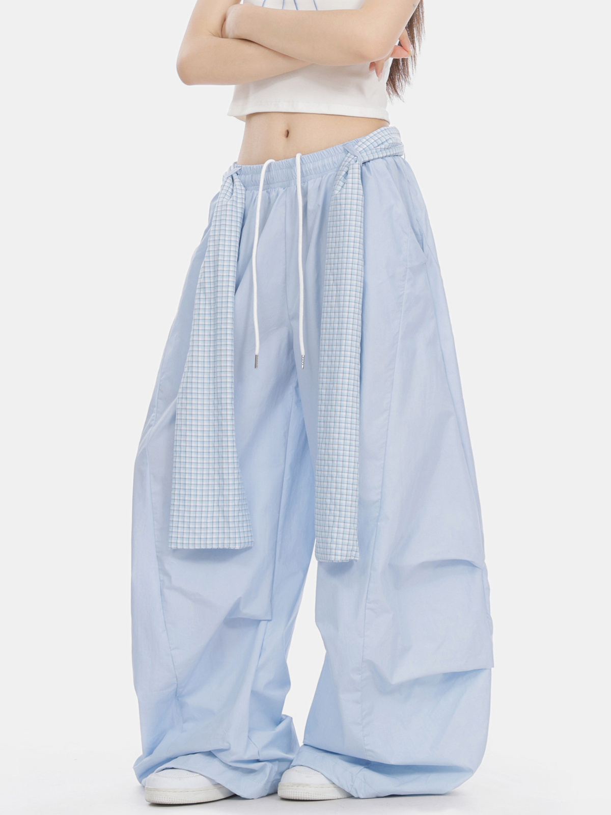 SoftEarth - Damen-Hose mit geradem Bein, Karoeinsatz und Gürtel
