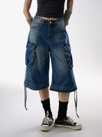 BasicLine - Women's Multi-Pocket Denim Cargo Cropped Pants