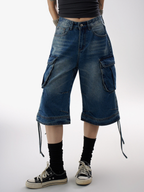 BasicLine - Women's Multi-Pocket Denim Cargo Cropped Pants