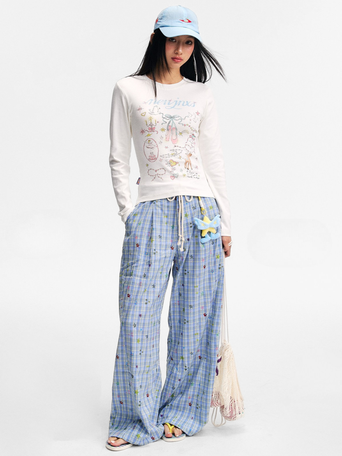 Ashlight - Leichte Damen-Hose mit Sternen-Karomuster und Kordelzug