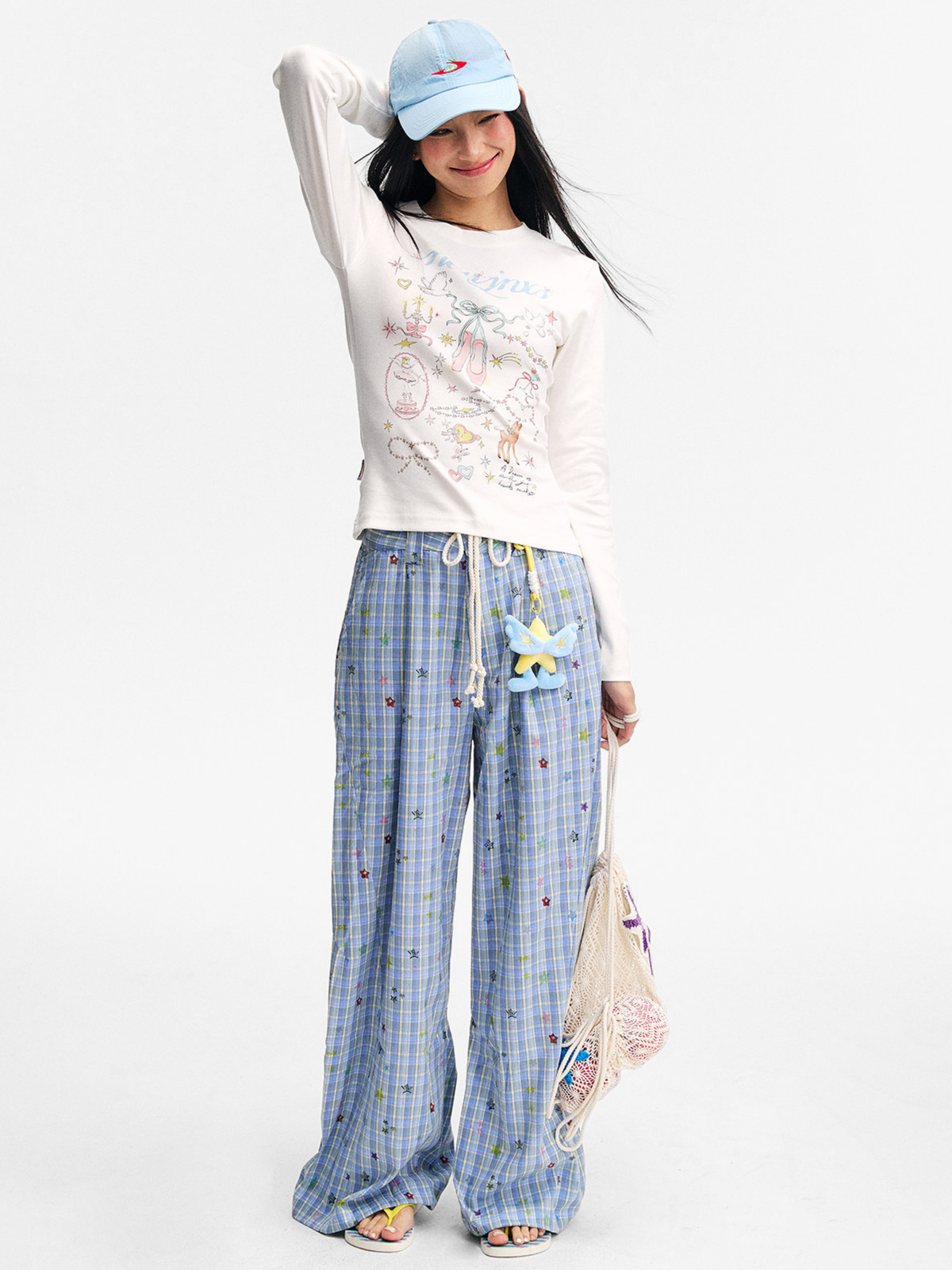 Ashlight - Leichte Damen-Hose mit Sternen-Karomuster und Kordelzug