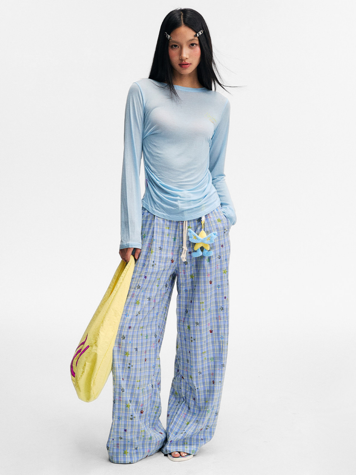 Ashlight - Leichte Damen-Hose mit Sternen-Karomuster und Kordelzug