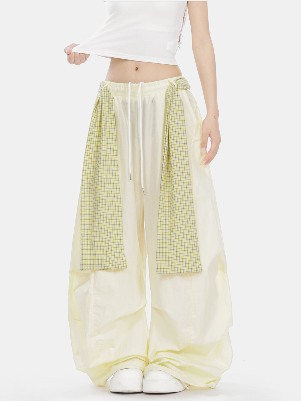SoftEarth - Damen-Hose mit geradem Bein, Karoeinsatz und Gürtel