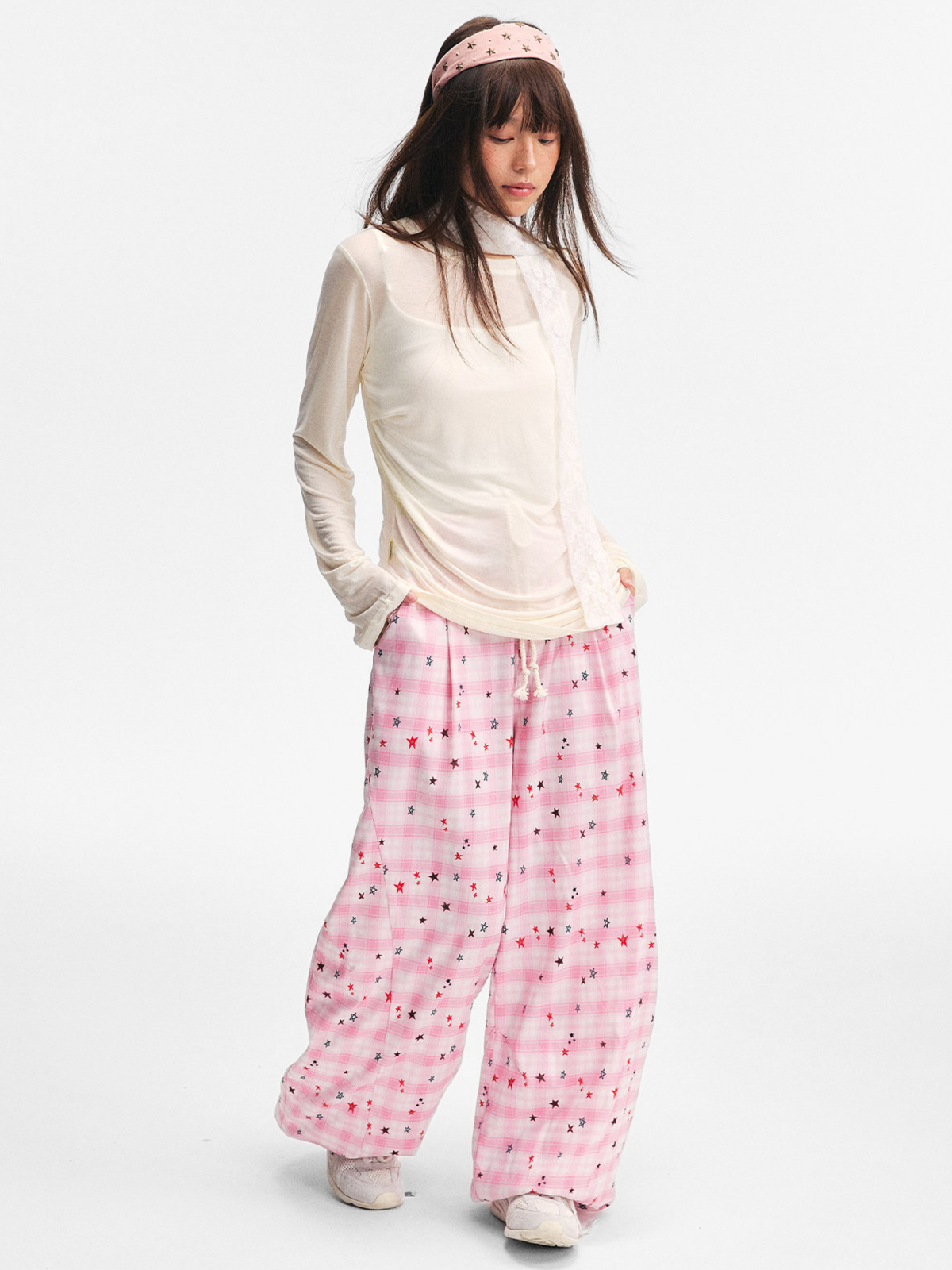 Ashlight - Leichte Damen-Hose mit Sternen-Karomuster und Kordelzug