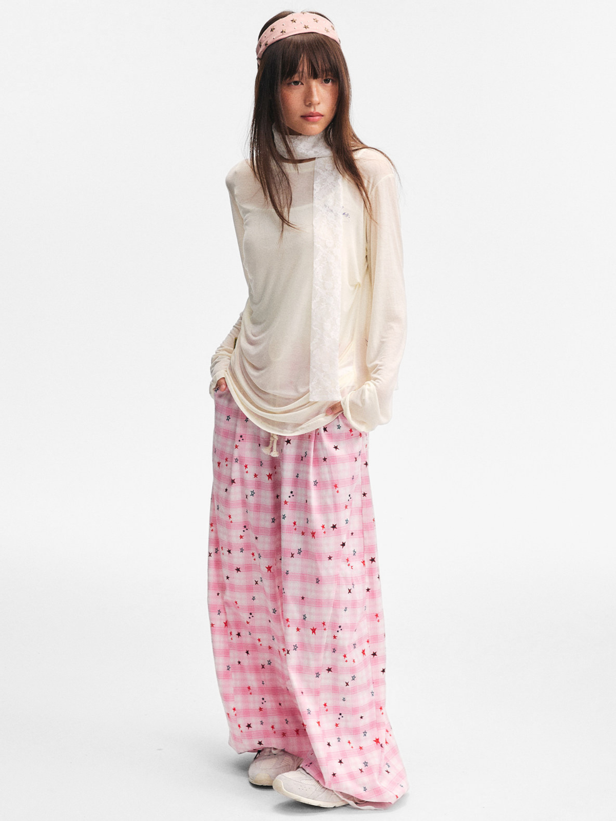 Ashlight - Leichte Damen-Hose mit Sternen-Karomuster und Kordelzug