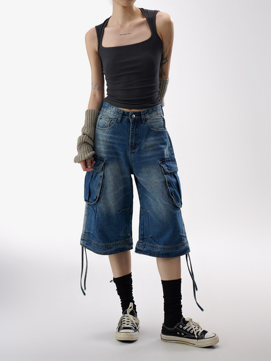BasicLine - Damen-Cargohose aus Denim in verkürzter Länge mit vielen Taschen