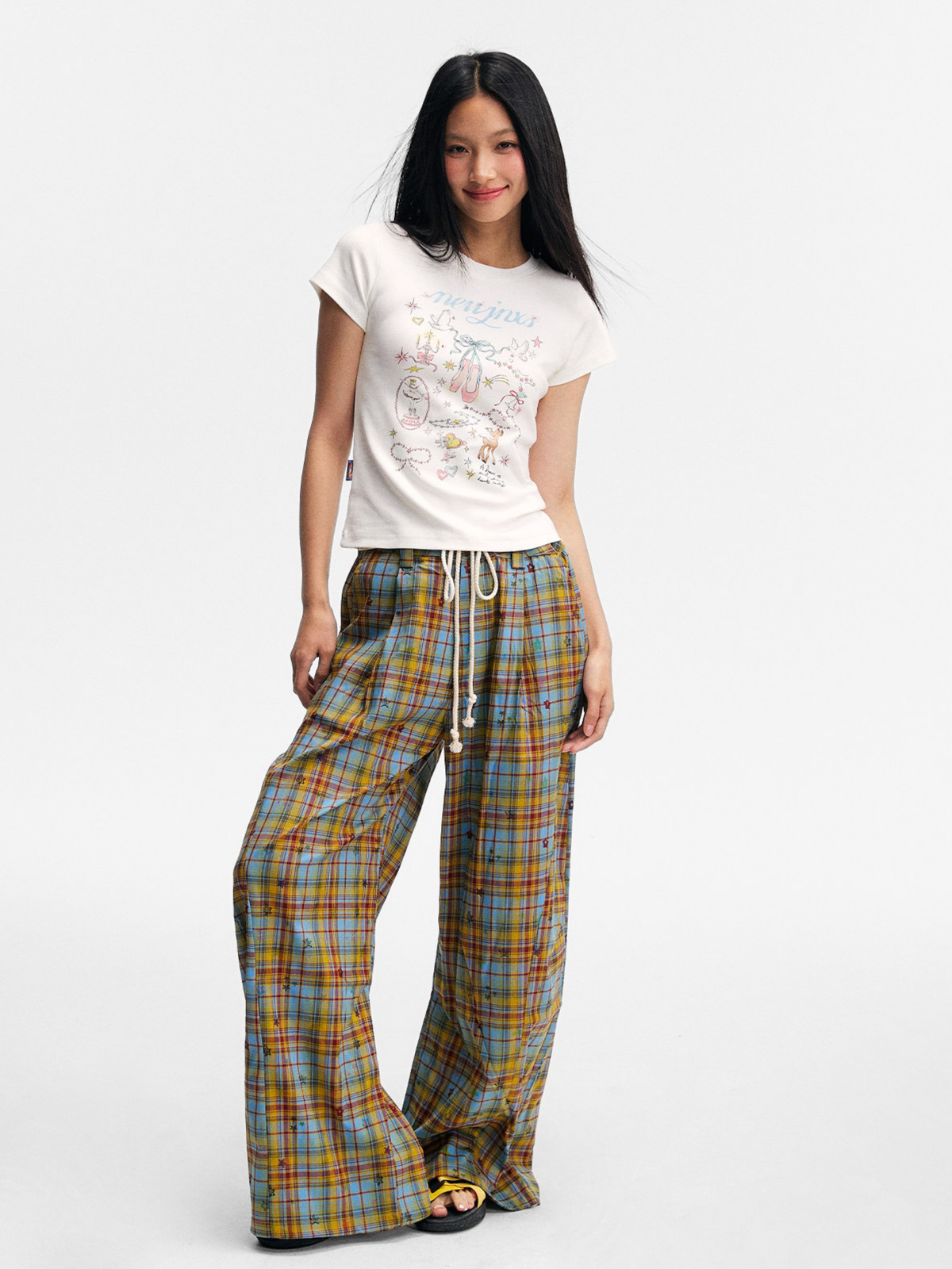 Ashlight - Leichte Damen-Hose mit Sternen-Karomuster und Kordelzug