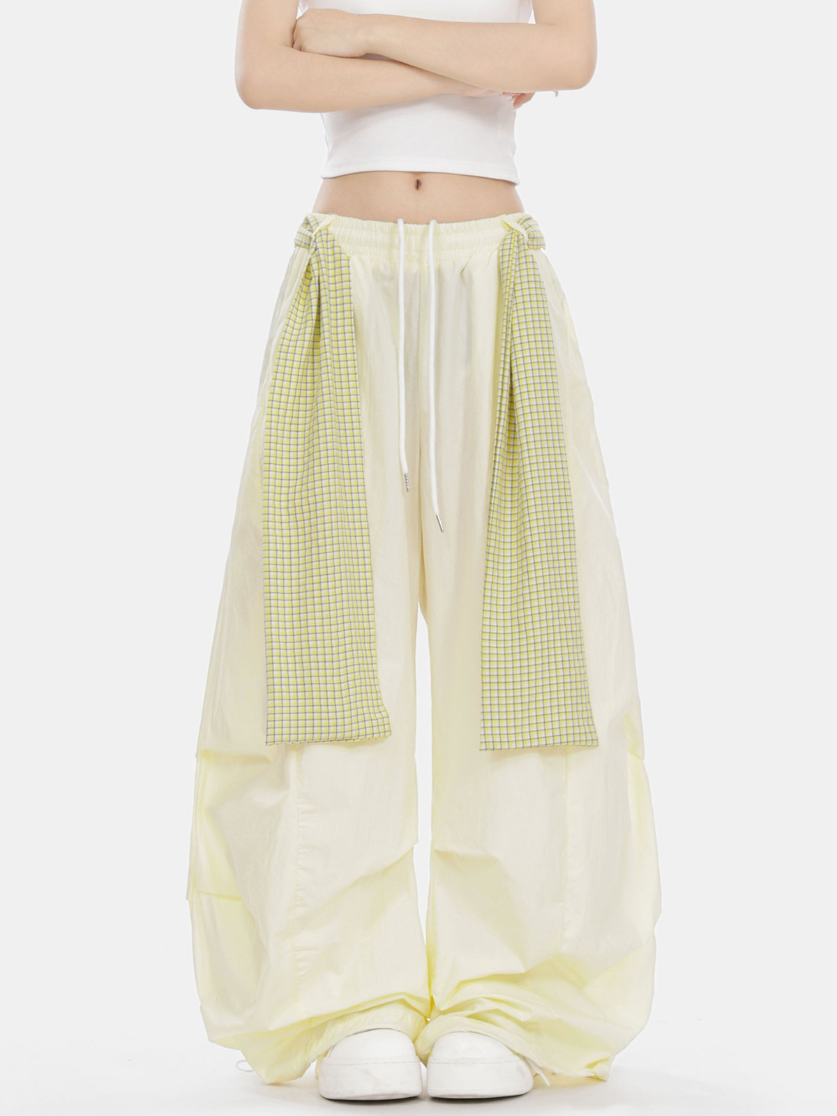 SoftEarth - Damen-Hose mit geradem Bein, Karoeinsatz und Gürtel