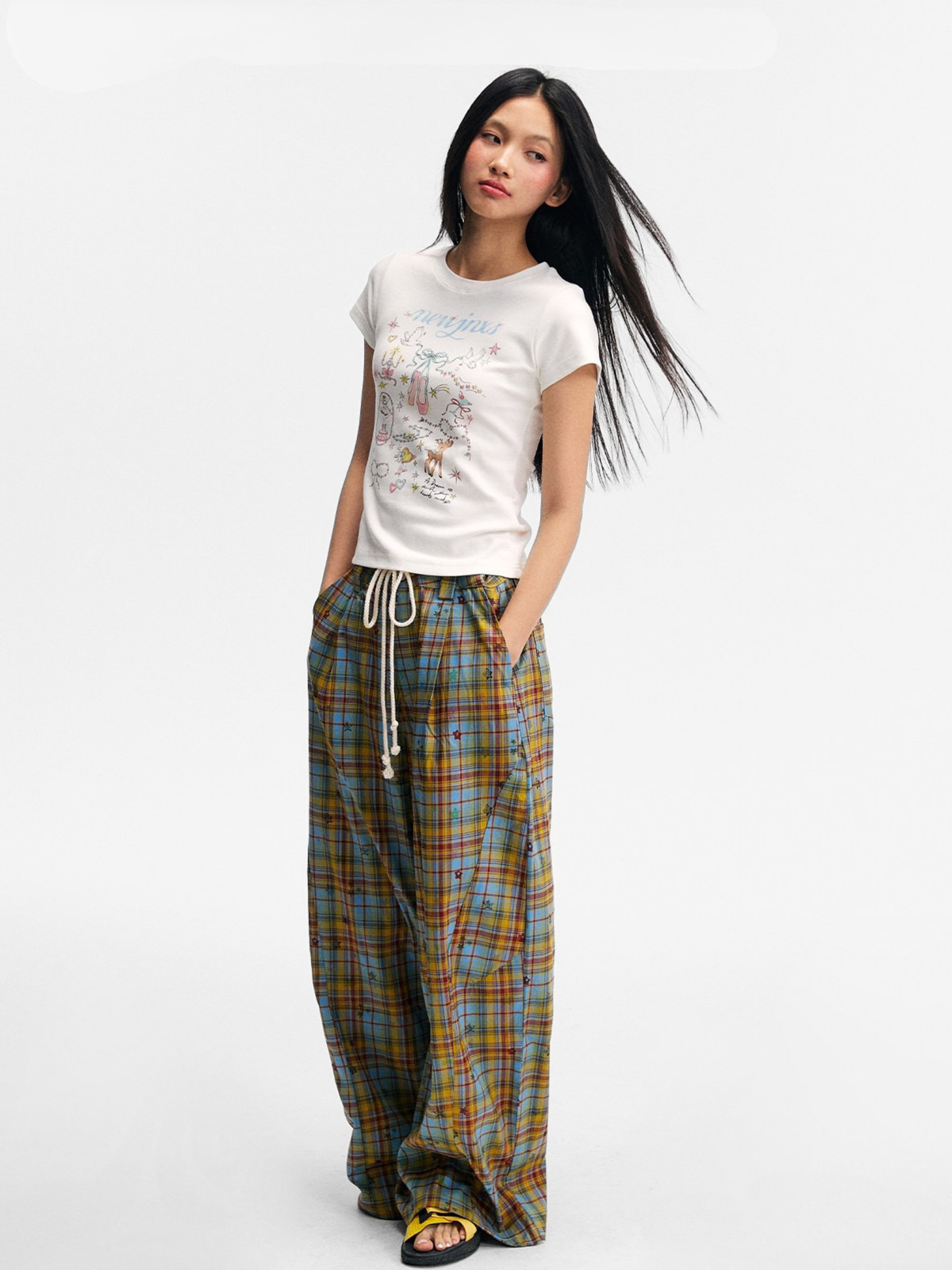 Ashlight - Leichte Damen-Hose mit Sternen-Karomuster und Kordelzug
