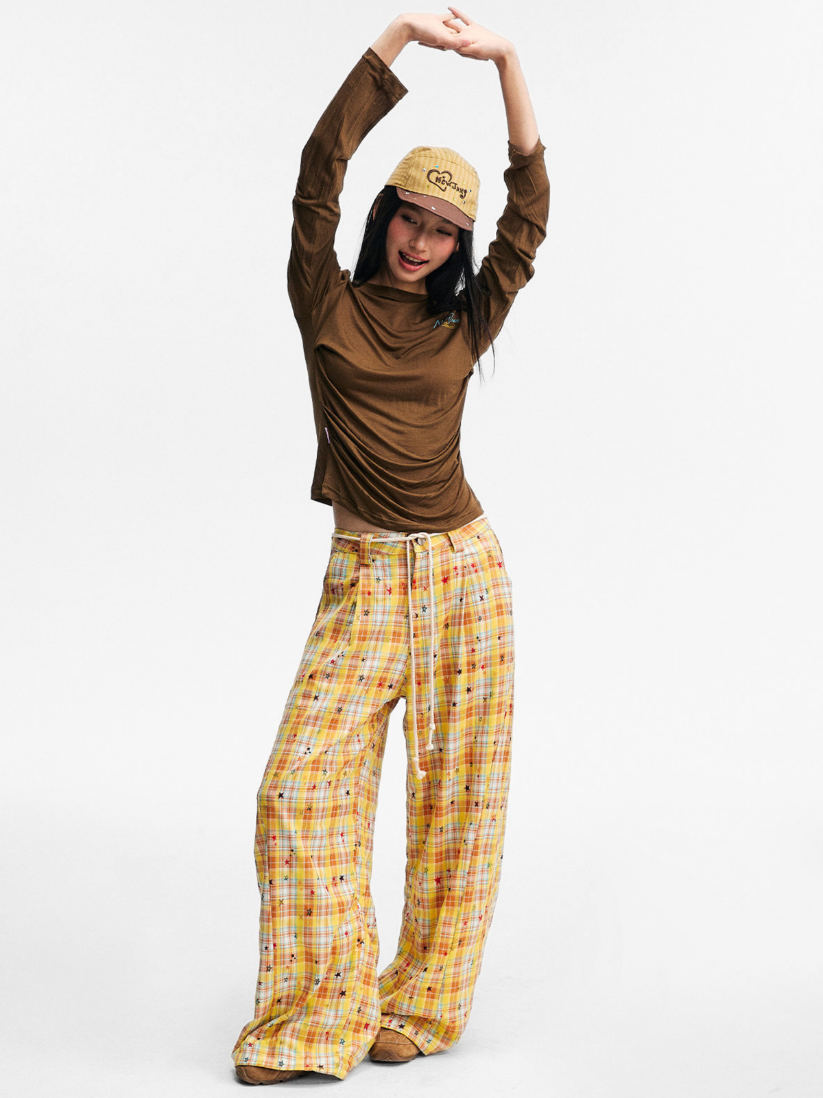 Ashlight - Leichte Damen-Hose mit Sternen-Karomuster und Kordelzug
