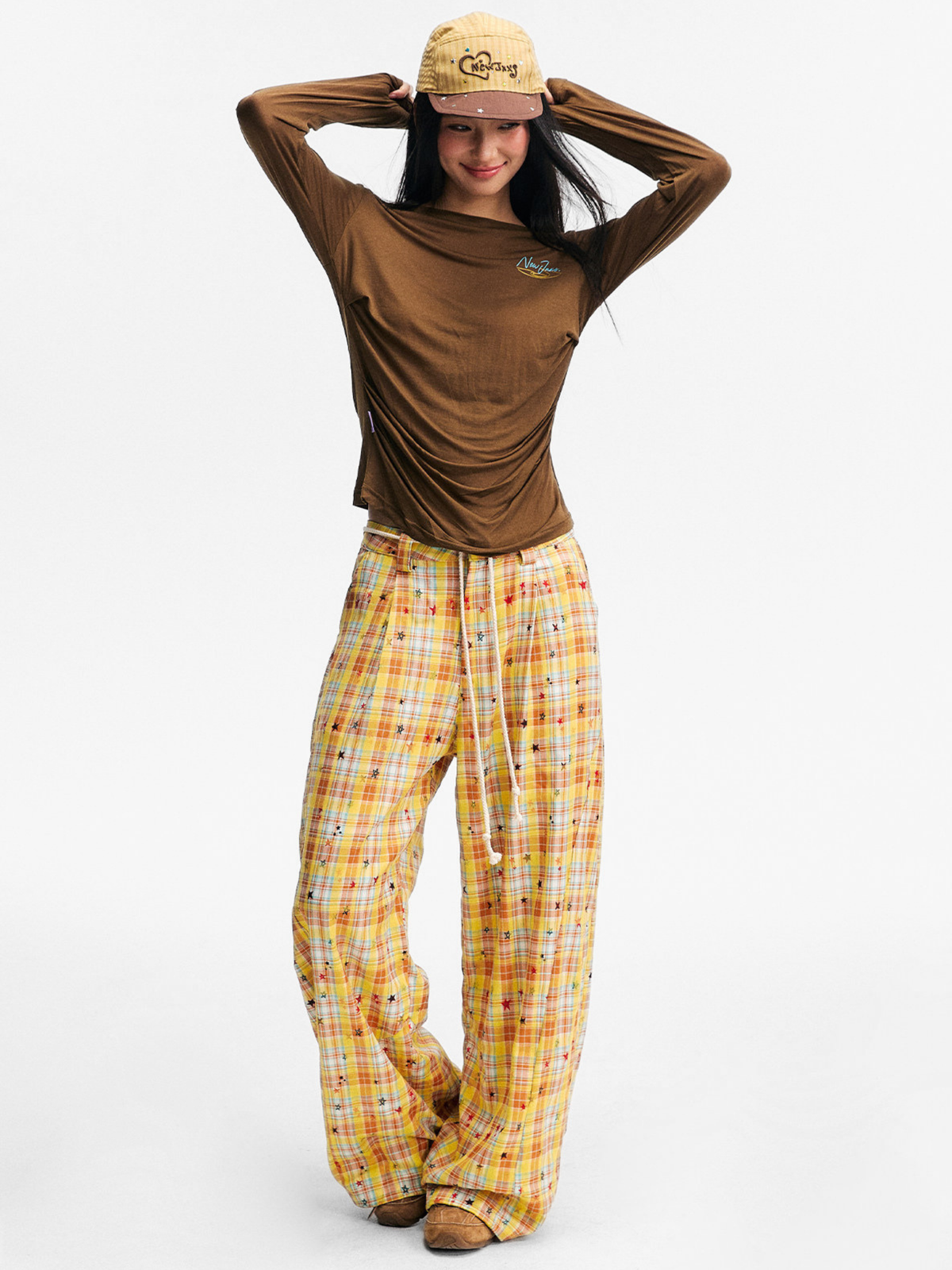 Ashlight - Leichte Damen-Hose mit Sternen-Karomuster und Kordelzug