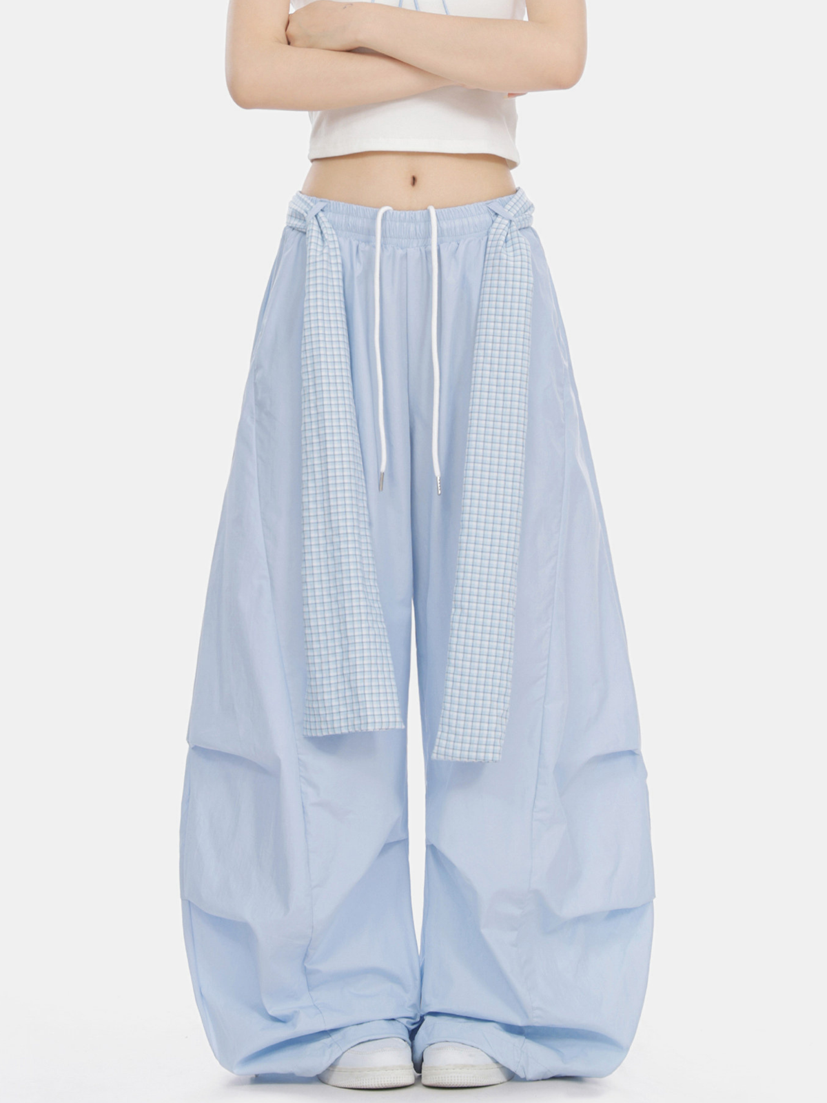 SoftEarth - Damen-Hose mit geradem Bein, Karoeinsatz und Gürtel