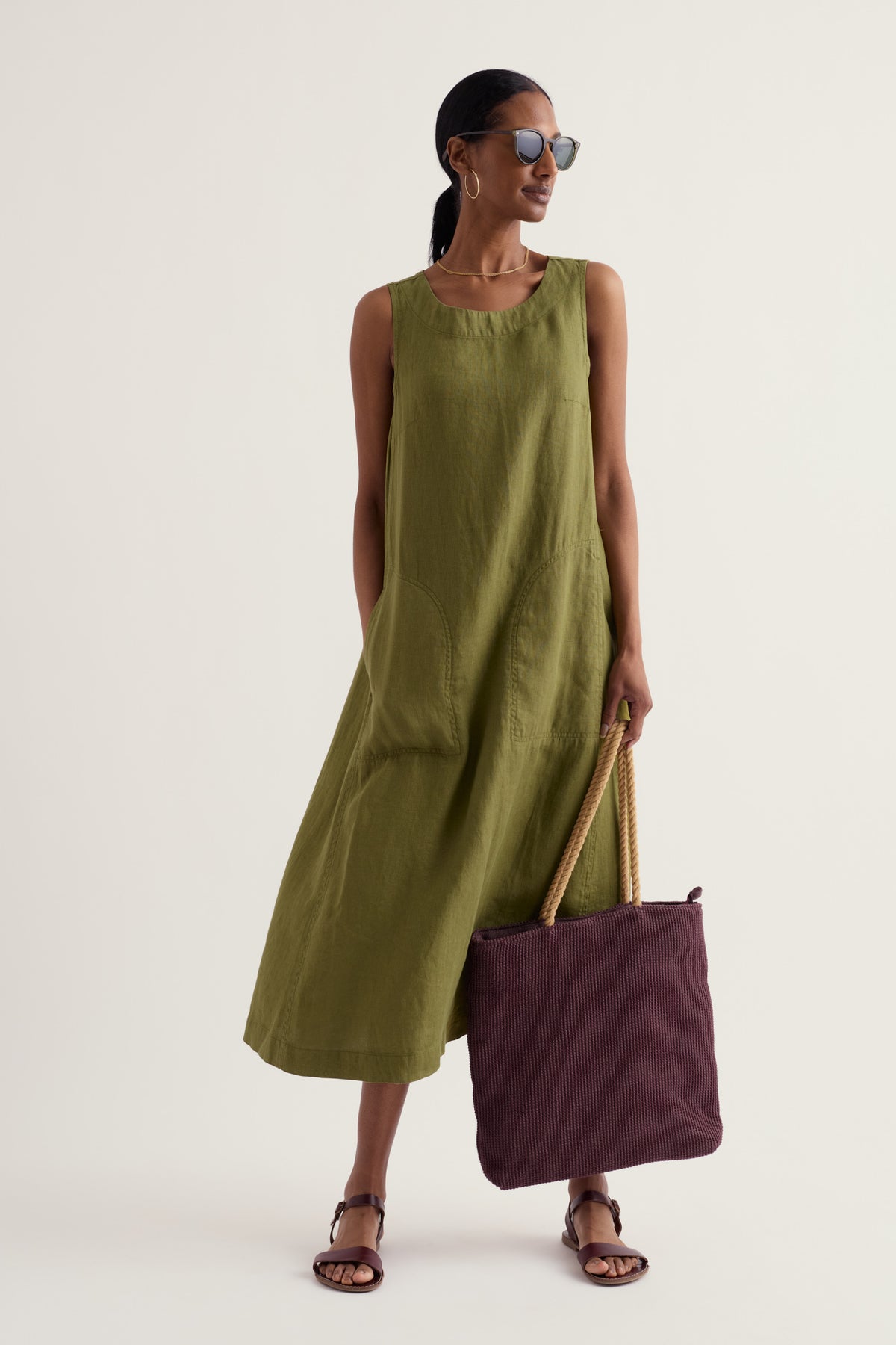 Cresting Waves Sleeveless Linen Dress