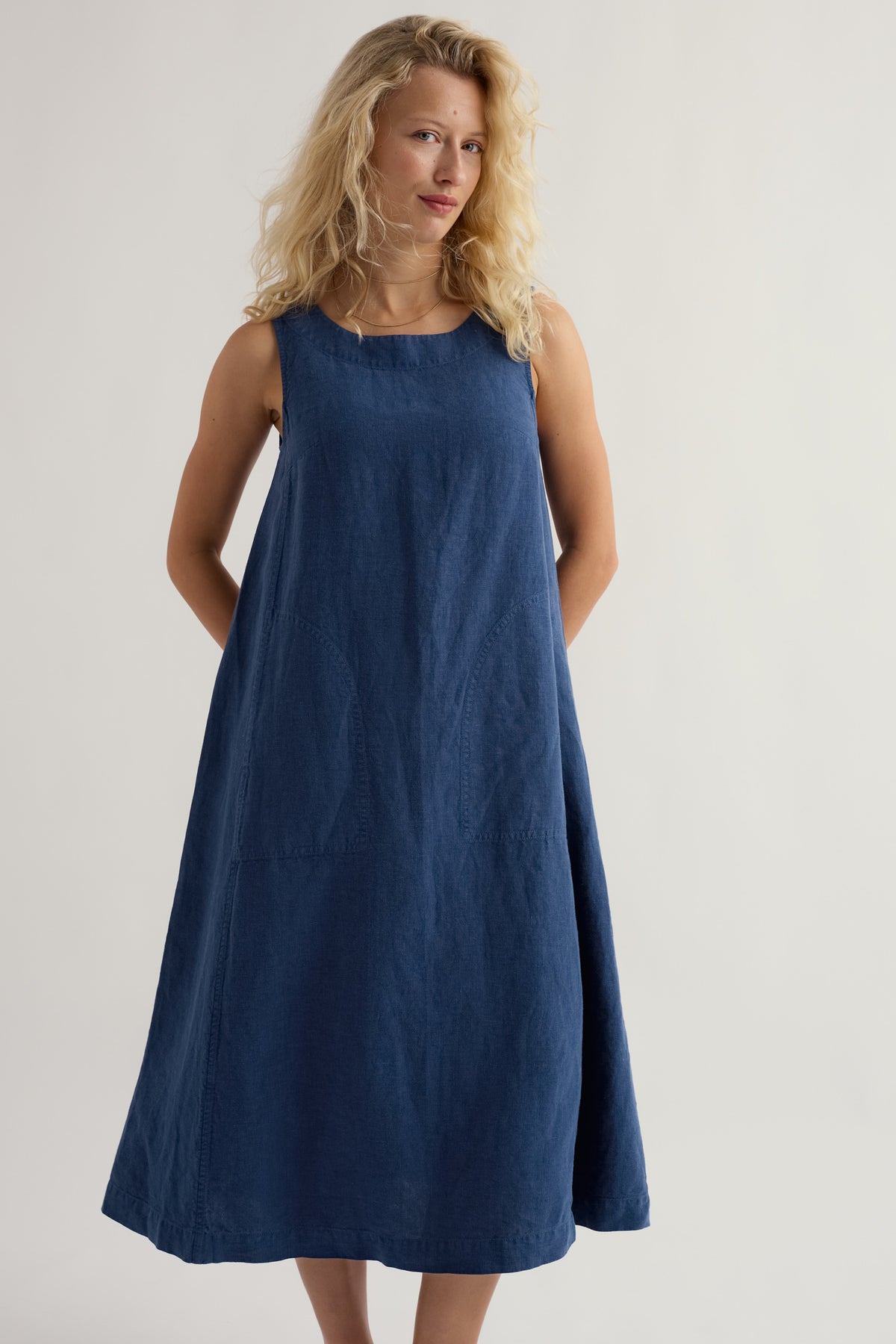 Cresting Waves Sleeveless Linen Dress