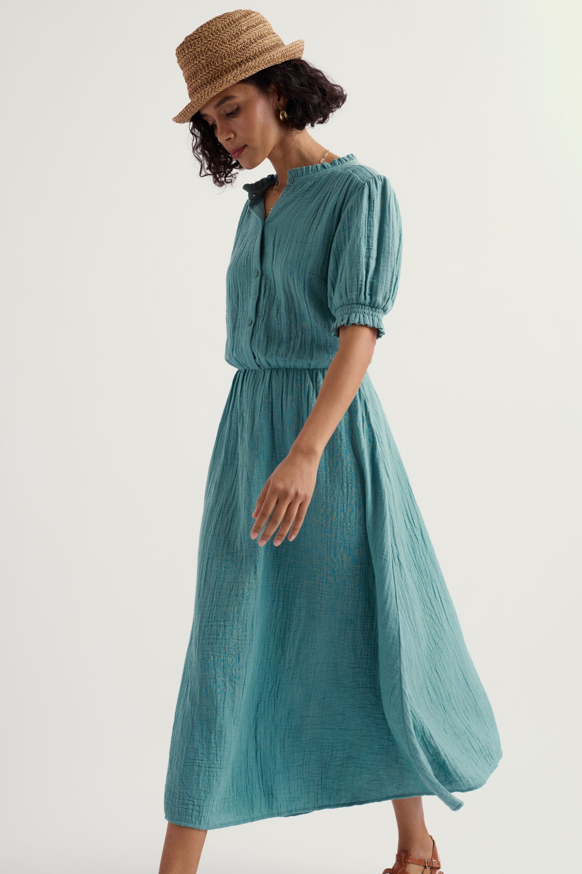 Shore Path Midikleid aus GOTS-zertifizierter Bio-Baumwolle mit halblangen Ärmeln