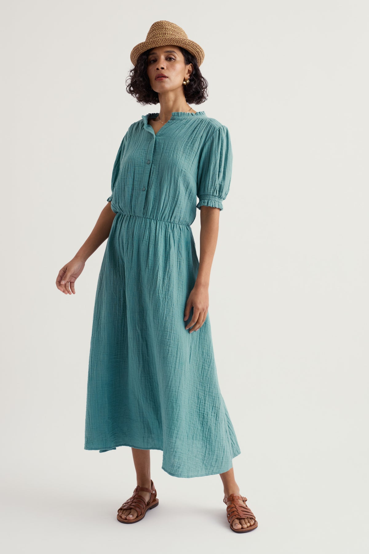 Shore Path Midikleid aus GOTS-zertifizierter Bio-Baumwolle mit halblangen Ärmeln