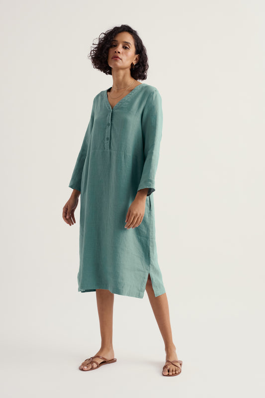 Dew Drop V-Neck Linen Shift Dress